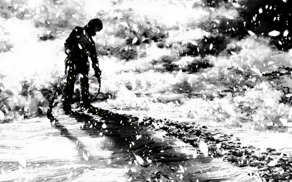 A dramatic black-and-white scene from the manga The Climber, featuring a climber trudging through snow, making a bold statement as an HD desktop wallpaper or background.