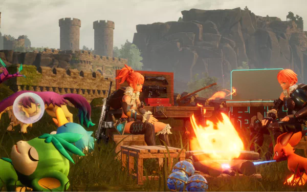 HD wallpaper of Palworld video game featuring characters around a campfire in a vibrant outdoor setting.