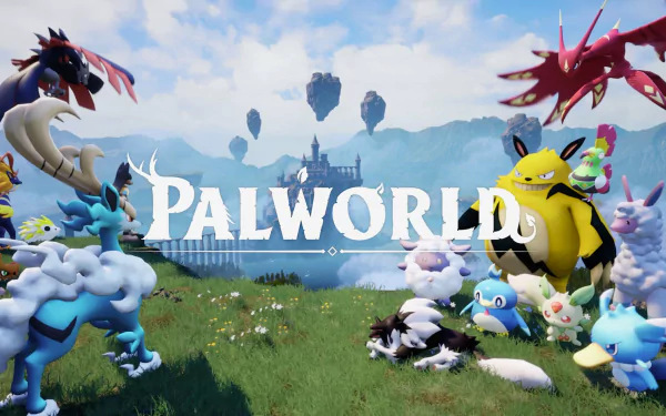 HD wallpaper of Palworld video game featuring colorful creatures in a fantasy landscape for desktop background.