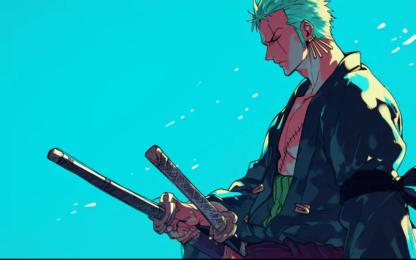 HD wallpaper featuring Roronoa Zoro from One Piece anime, poised with a sword against a vibrant blue background.