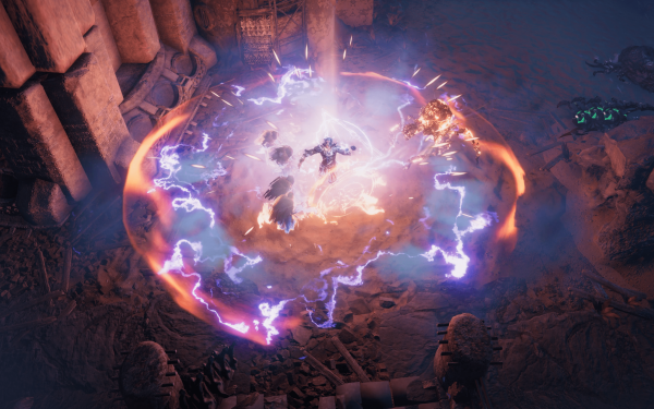 HD desktop wallpaper featuring an electrifying scene from the video game Last Epoch, with a character cast in a spell surrounded by a glowing energy barrier.