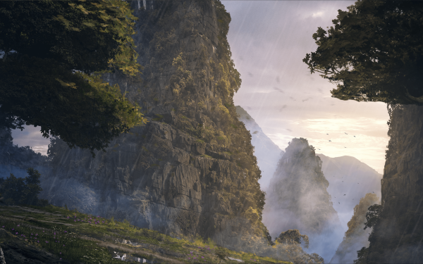 HD wallpaper of Last Epoch video game depicting a majestic mountain landscape with fog and birds, perfect for desktop backgrounds.