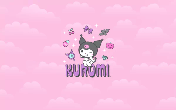 A vibrant HD wallpaper featuring Kuromi from Onegai My Melody, surrounded by cute icons on a soft pink background, embodying an anime-inspired aesthetic.