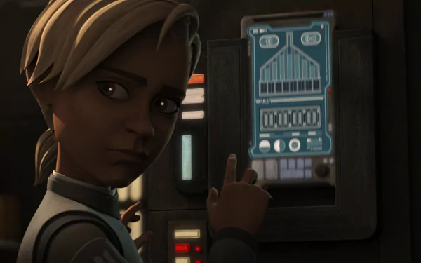 HD wallpaper featuring a scene from Star Wars: The Bad Batch TV show, showcasing a character interacting with a control panel.