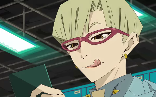HD desktop wallpaper featuring a character from the anime GREAT PRETENDER, with a cunning smile and red glasses, against an industrial backdrop, showcasing the unique art style of the series.