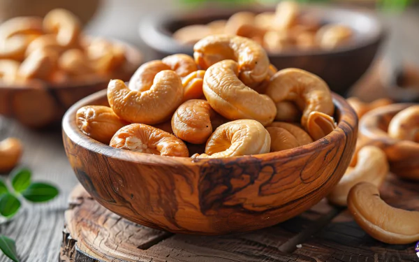 A close-up of cashews in a wooden bowl, surrounded by fresh greenery. This rich, detailed image serves as a vibrant HD desktop wallpaper and background.