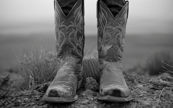 Close-up black and white image of intricately designed cowboy boots for HD desktop wallpaper background.