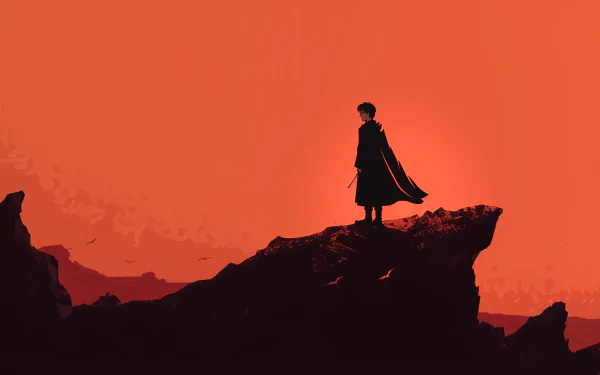 Alt Text: Silhouette of a person standing on a cliff with a cloak against a striking sunset background, Harry Potter-themed HD desktop wallpaper.