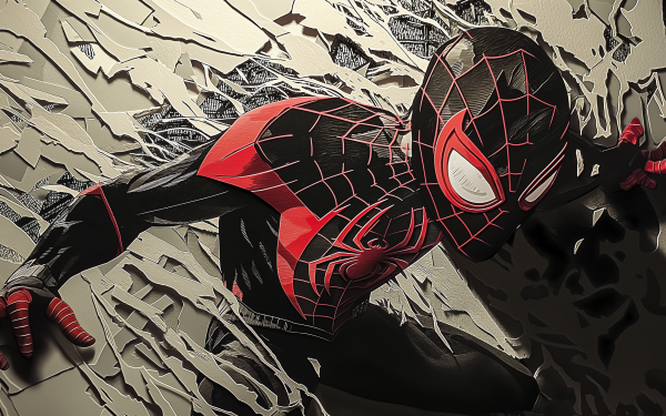 Miles Morales as Spider-Man in dynamic pose, featured in HD desktop wallpaper showcasing artistic comic-style background.