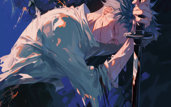 HD anime wallpaper featuring Yuta Okkotsu from Jujutsu Kaisen, poised for battle with his sword, against a dynamic blue background.