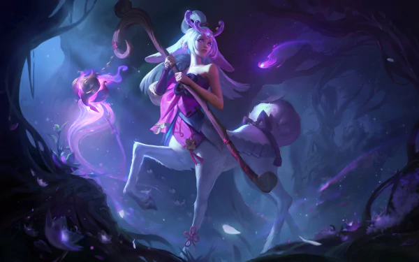 HD wallpaper of Lillia from League of Legends in an enchanted forest setting for desktop background.