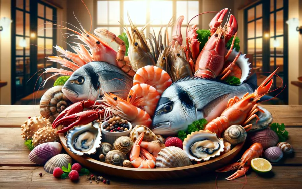 HD desktop wallpaper featuring a vibrant display of assorted seafood, including lobster, fish, and shellfish, on a wooden table.