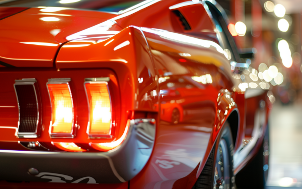 HD wallpaper featuring the iconic taillights of a Ford Mustang in a showroom setting, perfect for desktop backgrounds.