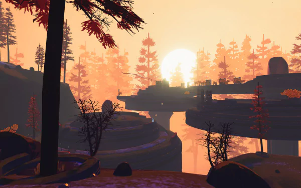 HD desktop wallpaper featuring a serene sunset scene from the video game Risk of Rain 2 with silhouetted trees and terrain against a vibrant orange sky.