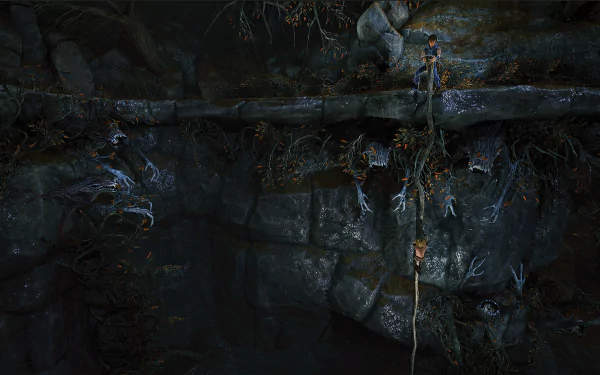 HD wallpaper from the video game Brothers: A Tale of Two Sons Remake, featuring a dark and atmospheric scene with characters navigating a rocky environment.