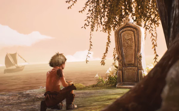 HD desktop wallpaper featuring a poignant scene from Brothers: A Tale of Two Sons Remake with a character by a grave under a tree.