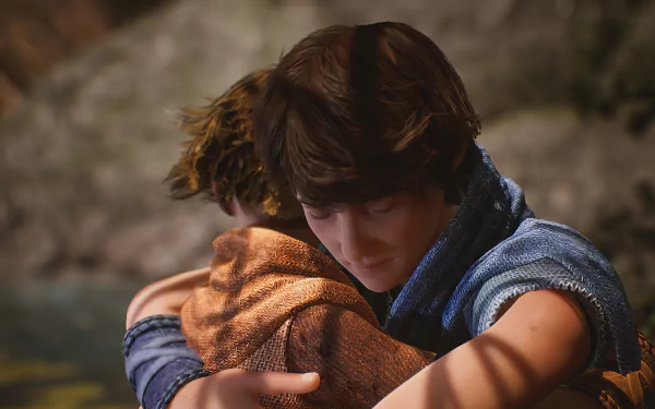 HD wallpaper featuring a heartfelt hug between two characters from the video game Brothers: A Tale of Two Sons Remake.