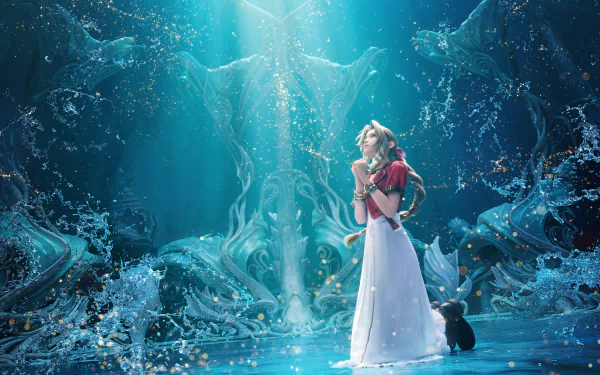 Aerith Gainsborough stands amidst a mystical blue water swirl background in this HD wallpaper for Final Fantasy VII Rebirth.