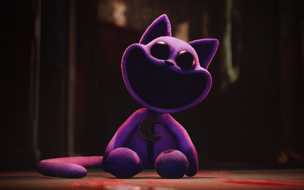 CatNap character from Poppy Playtime video game captured in an HD desktop wallpaper, featuring the purple feline figure in a dark, moody setting.