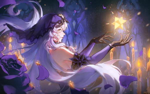 An HD wallpaper featuring Black Swan from Honkai: Star Rail, elegantly posed amidst purple roses and glowing candles, holding a shining star with a mystical aura.