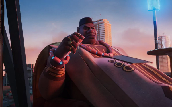 A character from the TV show Iwájú stands imposingly against a cityscape—HD desktop wallpaper.