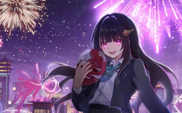 HD wallpaper of Sparkle from Honkai: Star Rail, depicting the character smiling with a mysterious orb, set against a backdrop of dazzling fireworks and a vibrant night sky.