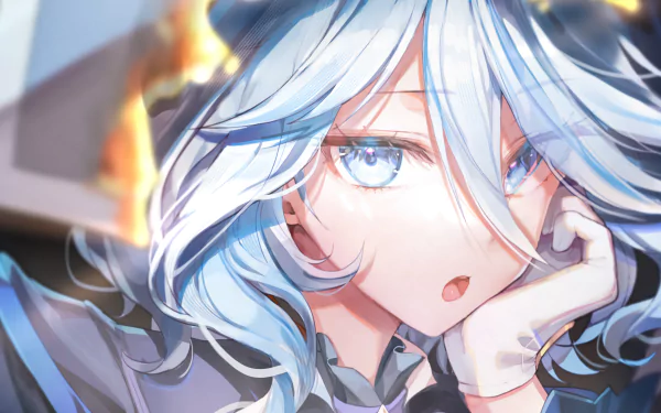 HD desktop wallpaper featuring Furina from Genshin Impact, showcasing her striking blue hair and captivating expression against a dynamic background.