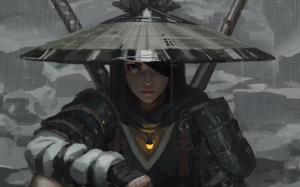 HD wallpaper featuring an anime blue-eyed samurai with a traditional helmet, poised and ready for battle, set against a moody, grey background for a powerful desktop theme.