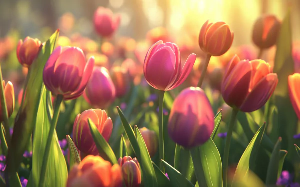 A vibrant field of tulips blooms in shades of pink and orange, basking in warm spring sunlight, creating a stunning HD desktop wallpaper and background.