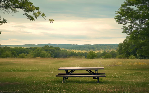 HD desktop wallpaper featuring a serene picnic table in a lush field with a backdrop of distant hills under a cloudy sky.