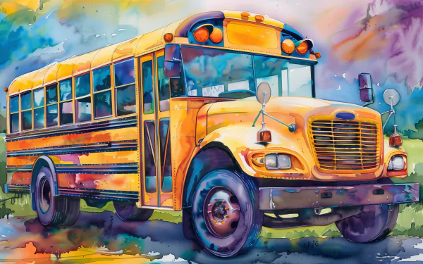 Colorful HD wallpaper of a classic yellow school bus with artistic background for desktop.