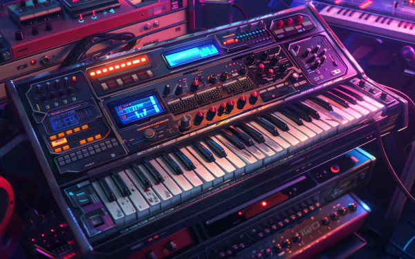 HD wallpaper featuring a collection of retro synthesizers and electronic keyboards with neon lighting.