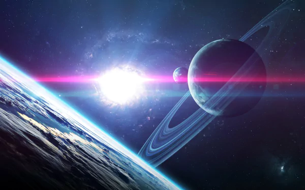 4K Ultra HD desktop wallpaper showcasing a vibrant space scene with a glowing star, ringed planet, distant galaxy, and countless stars in the vast universe.