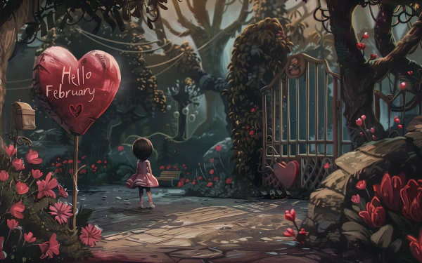 HD February-themed desktop wallpaper featuring a whimsical garden setting with a child looking at a heart-shaped balloon inscribed with 'Hello February'.