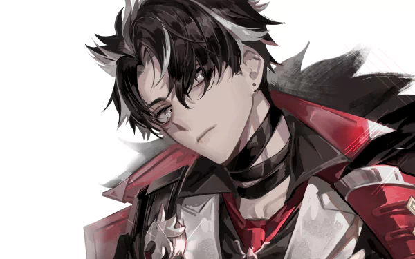 HD desktop wallpaper featuring Wriothesley from Genshin Impact, showcasing his striking design and intense gaze against a minimalist background.