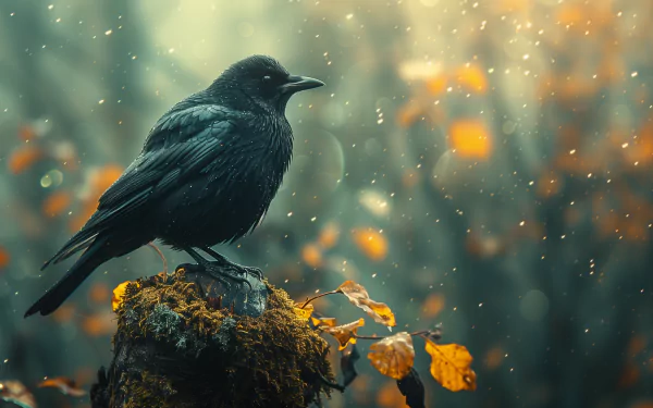 HD wallpaper of a black bird perched on a stump with a bokeh background of golden lights and autumn leaves.