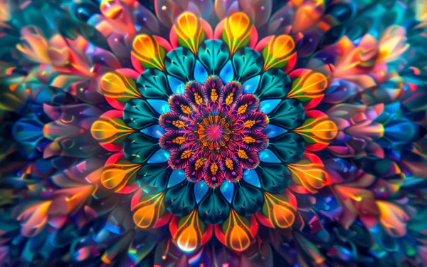 HD kaleidoscope-themed desktop wallpaper featuring a vibrant, colorful symmetrical pattern with a floral appearance.