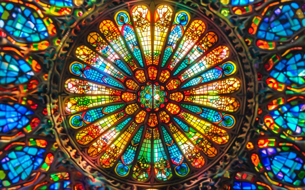 A vibrant kaleidoscope-patterned stained glass window serves as a captivating HD desktop wallpaper and background.