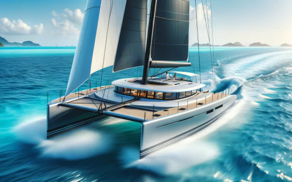 Luxury catamaran sailing on the ocean with sails unfurled, HD wallpaper background.