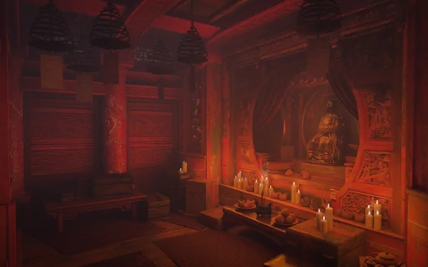HD desktop wallpaper featuring an atmospheric scene from The Pirate Queen: A Forgotten Legend video game, showcasing a candlelit interior with ornate decorations.