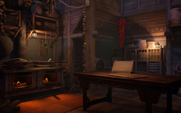 HD wallpaper of 'The Pirate Queen: A Forgotten Legend' video game with cozy cabin interior design featuring a wooden table, map, and dim lighting.