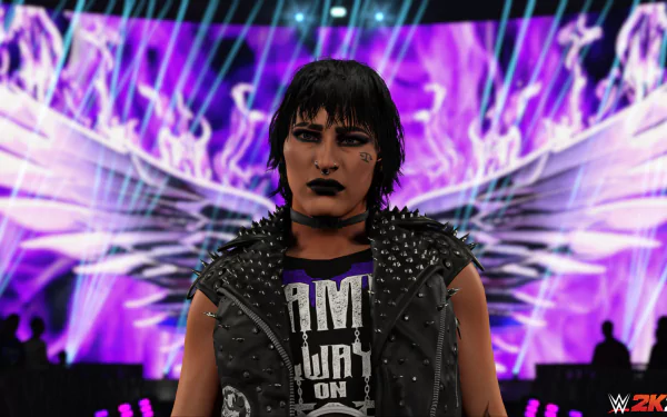WWE 2K24 video game character entrance with vibrant purple graphics, available as HD desktop wallpaper and background.