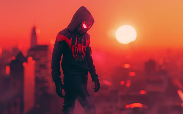 HD wallpaper of Spider-Man: Miles Morales video game character standing against a city skyline at sunset.