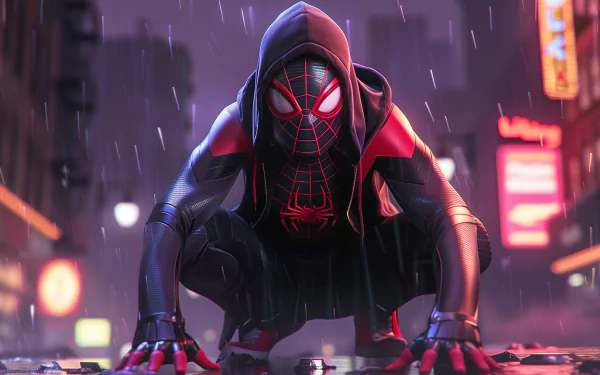 HD Spider-Man Miles Morales video game wallpaper with dynamic superhero pose in a rainy cityscape background.