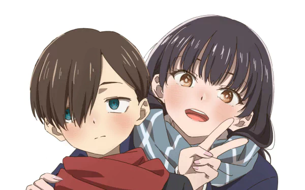 HD anime wallpaper featuring Anna Yamada and Ichikawa Kyoutarou from The Dangers in My Heart, with the characters posing closely against a white background.