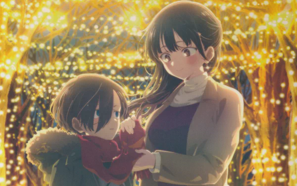 HD PC desktop wallpaper: anime scene from The Dangers in My Heart showing Anna Yamada and Ichikawa Kyoutarou sharing a tender moment beneath warm, twinkling lights.