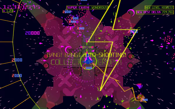 HD desktop wallpaper featuring colorful graphics from the Akka Arrh video game, with vibrant shapes and game score overlay.