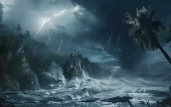A dramatic HD wallpaper depicting a hurricane scene with turbulent waves crashing against a rocky shore, palm trees swaying, and lightning illuminating a stormy sky.