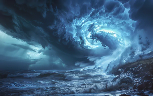HD desktop wallpaper featuring a dramatic artistic depiction of a hurricane with swirling clouds over a tumultuous sea.