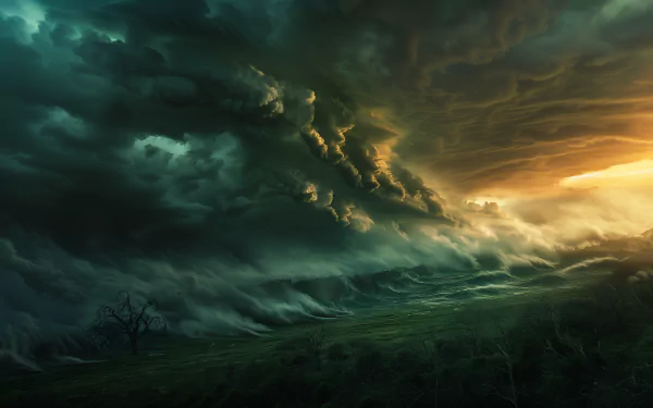 HD desktop wallpaper featuring a dramatic depiction of a hurricane with swirling dark clouds and a sunset in the background.